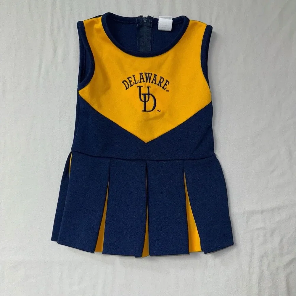 University Of Delaware Cheerleader Dress Girls Size 3 Yellow Navy Pleated Logo